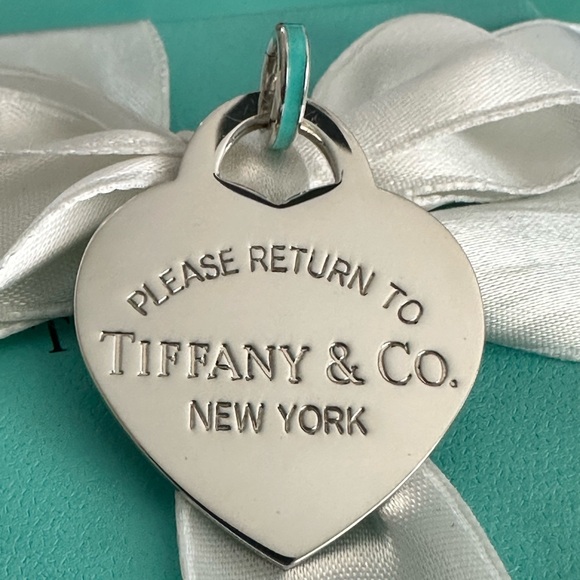Tiffany & Co New Extra Large XL RTT Heart Charm Pendant SS  blue enamel link - Picture 2 of 13